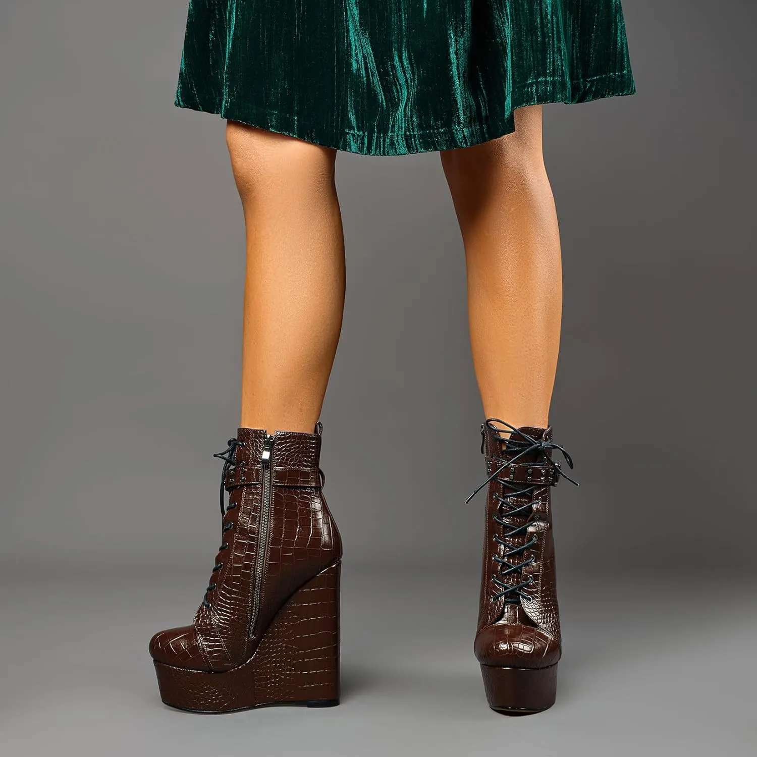 Castamere Womens High Wedge Platform Heel Round Toe Ankle Boots Short Bootie Lace-up Zipper Studded Rivets Sexy 5.9 Inches Heels