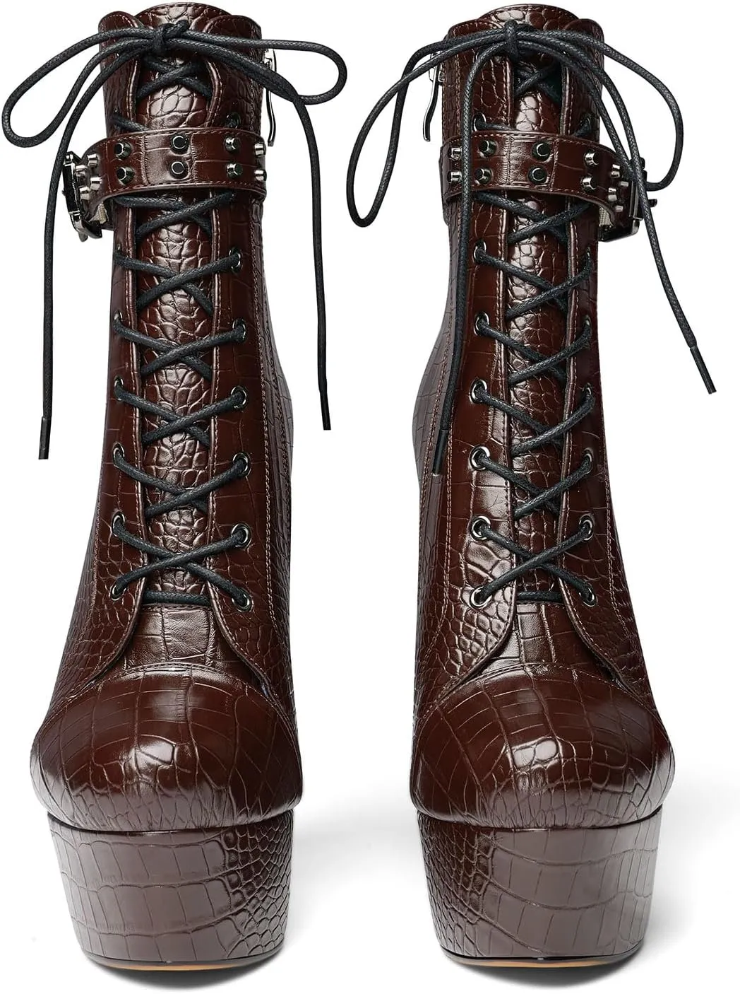 Castamere Womens High Wedge Platform Heel Round Toe Ankle Boots Short Bootie Lace-up Zipper Studded Rivets Sexy 5.9 Inches Heels