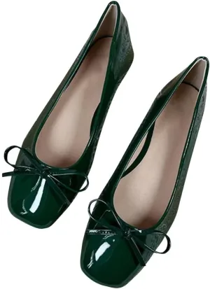 ChaiRong Zhou Women Lightweight Bow Patent Leather Flats Square Toe Slip on Low Heel Ballet Dress Party Office Shoes