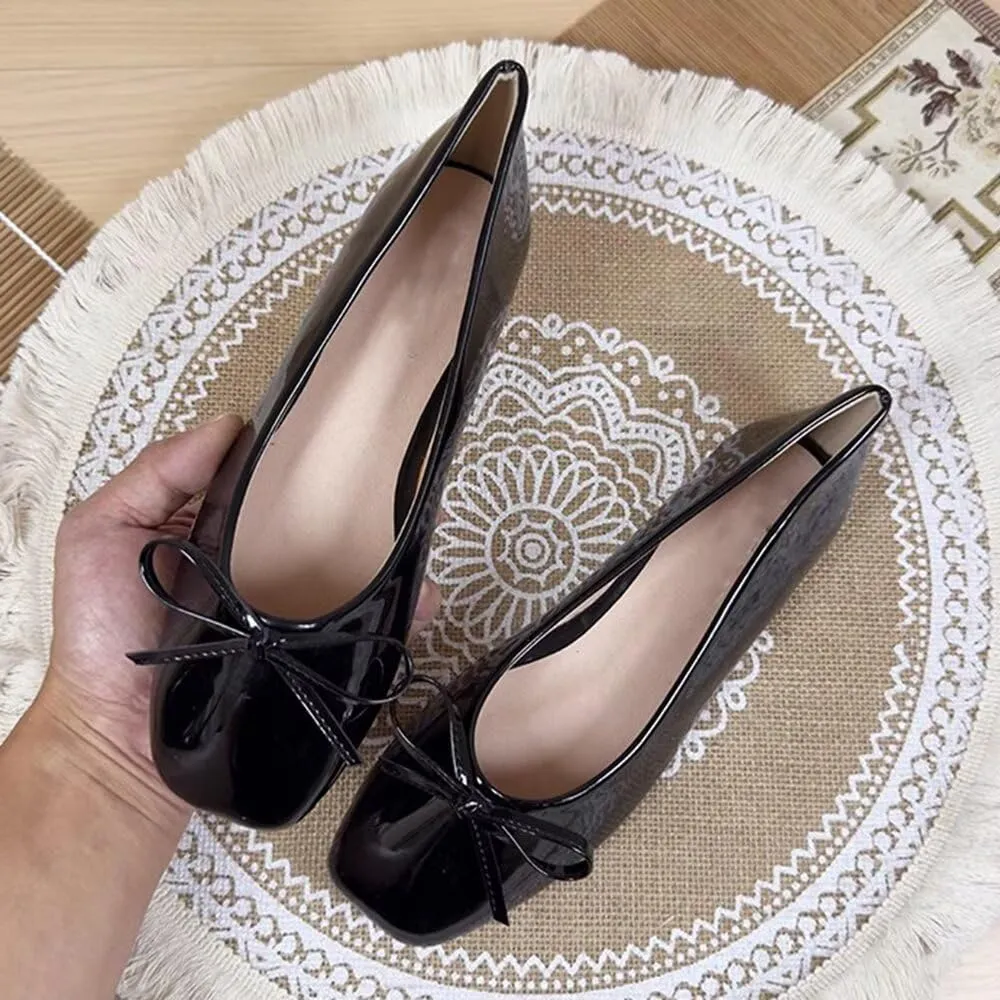 ChaiRong Zhou Women Lightweight Bow Patent Leather Flats Square Toe Slip on Low Heel Ballet Dress Party Office Shoes