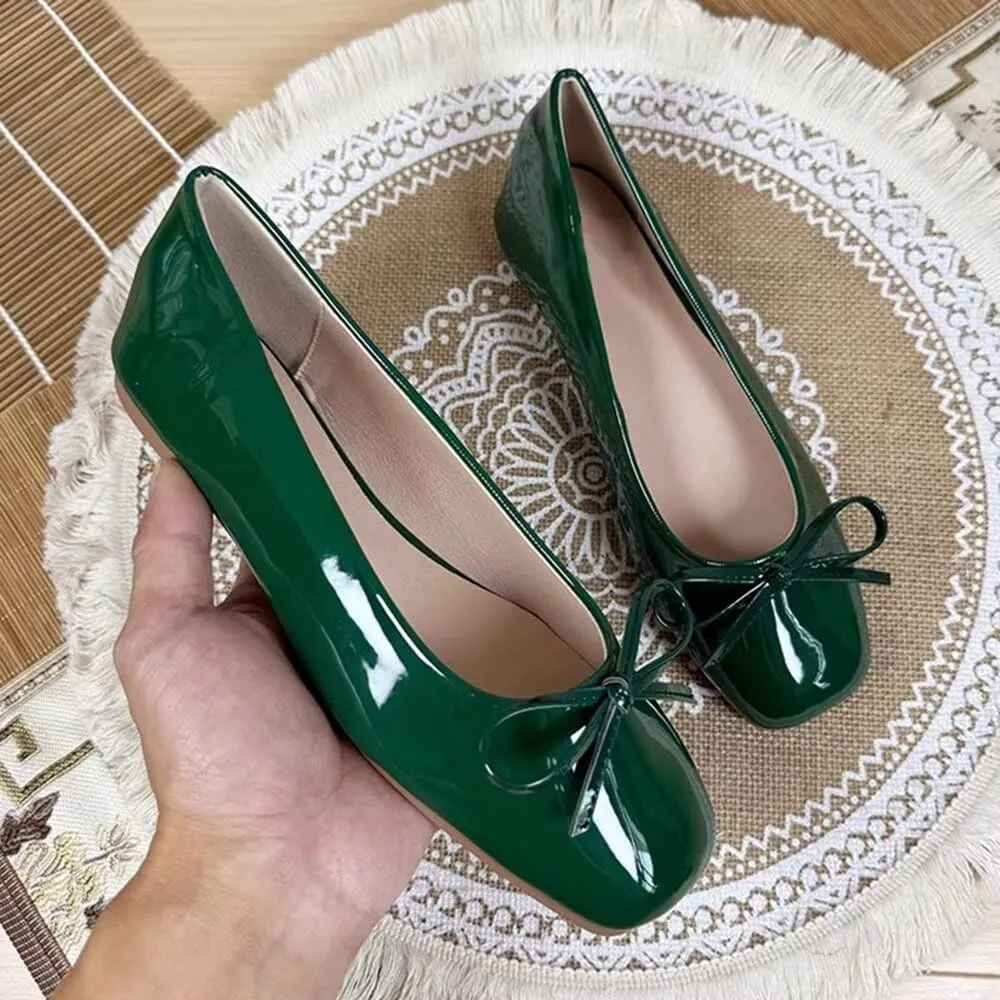 ChaiRong Zhou Women Lightweight Bow Patent Leather Flats Square Toe Slip on Low Heel Ballet Dress Party Office Shoes