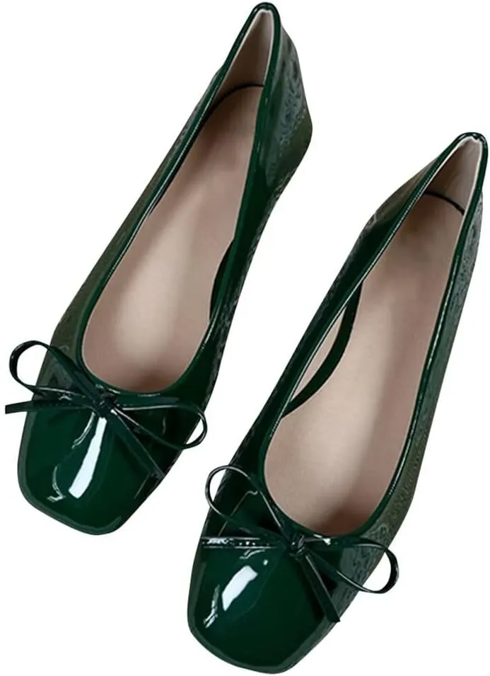 ChaiRong Zhou Women Lightweight Bow Patent Leather Flats Square Toe Slip on Low Heel Ballet Dress Party Office Shoes