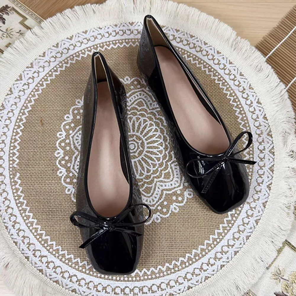 ChaiRong Zhou Women Lightweight Bow Patent Leather Flats Square Toe Slip on Low Heel Ballet Dress Party Office Shoes