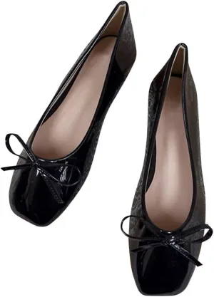 ChaiRong Zhou Women Lightweight Bow Patent Leather Flats Square Toe Slip on Low Heel Ballet Dress Party Office Shoes