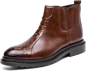 Chelsea Boots For Men Crocodile Print Side Zip PU Wearable Anti-slip Waterproof Non Slip On Work Classic (Color : Brown, Size : 7.5)