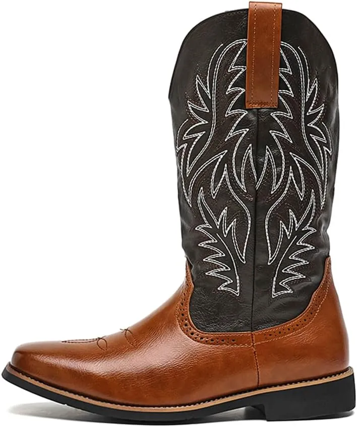 CHUUMEE Cowboy Boots for Men Square Toe Fashion Work Boots Embroidered Leather Western Boots Traditional Country Boot for Male
