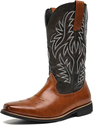 CHUUMEE Cowboy Boots for Men Square Toe Fashion Work Boots Embroidered Leather Western Boots Traditional Country Boot for Male