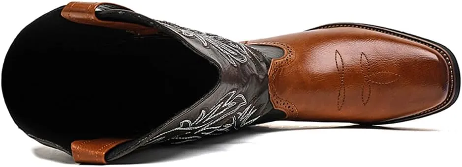 CHUUMEE Cowboy Boots for Men Square Toe Fashion Work Boots Embroidered Leather Western Boots Traditional Country Boot for Male