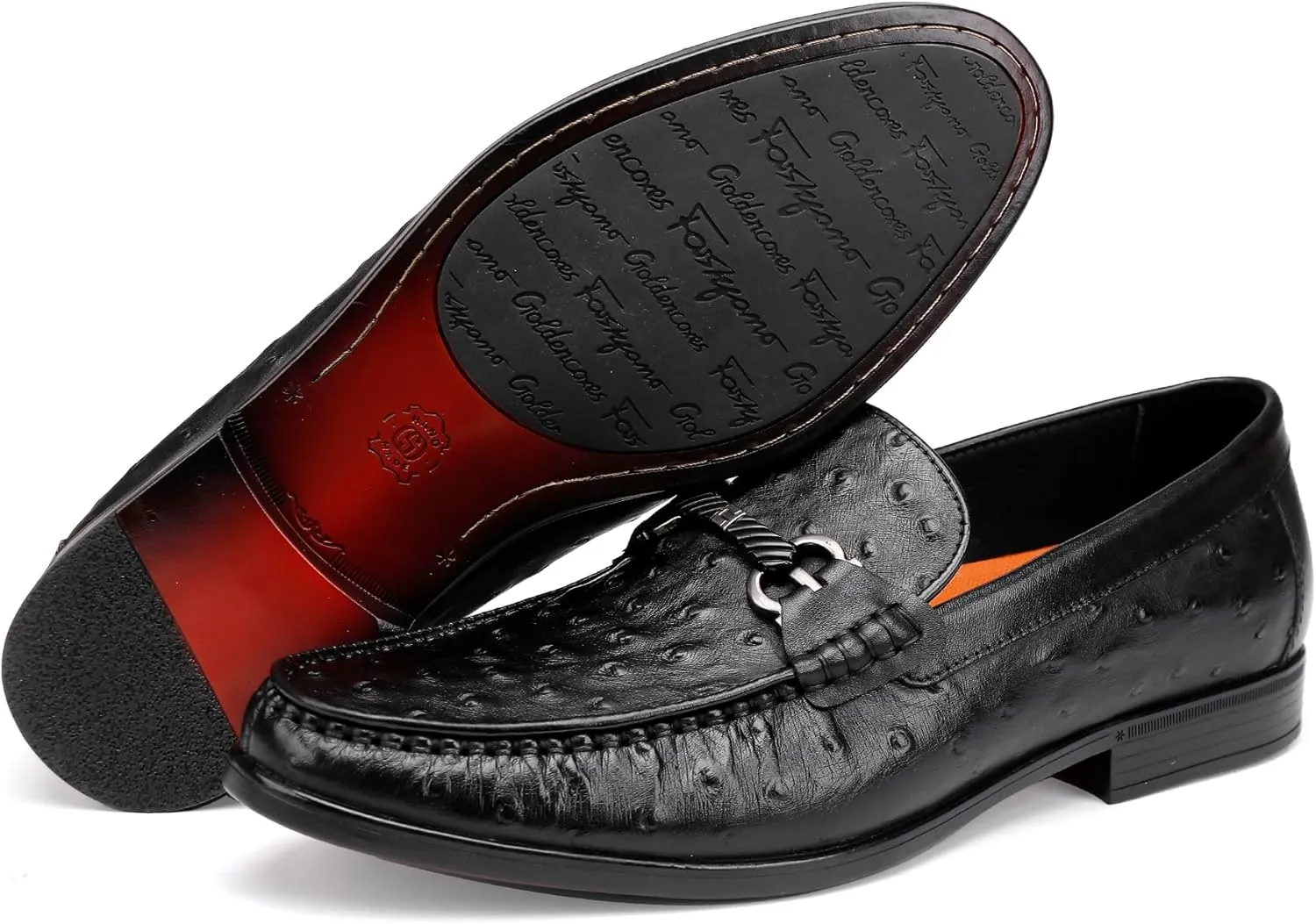 Classic Men's Leather Dress Shoes, Casual Ostrich Patterned with Buckle Slip-On Penny Loafers for Weddings, Parties, and Business, Formal Dress Shoes for Men, Black