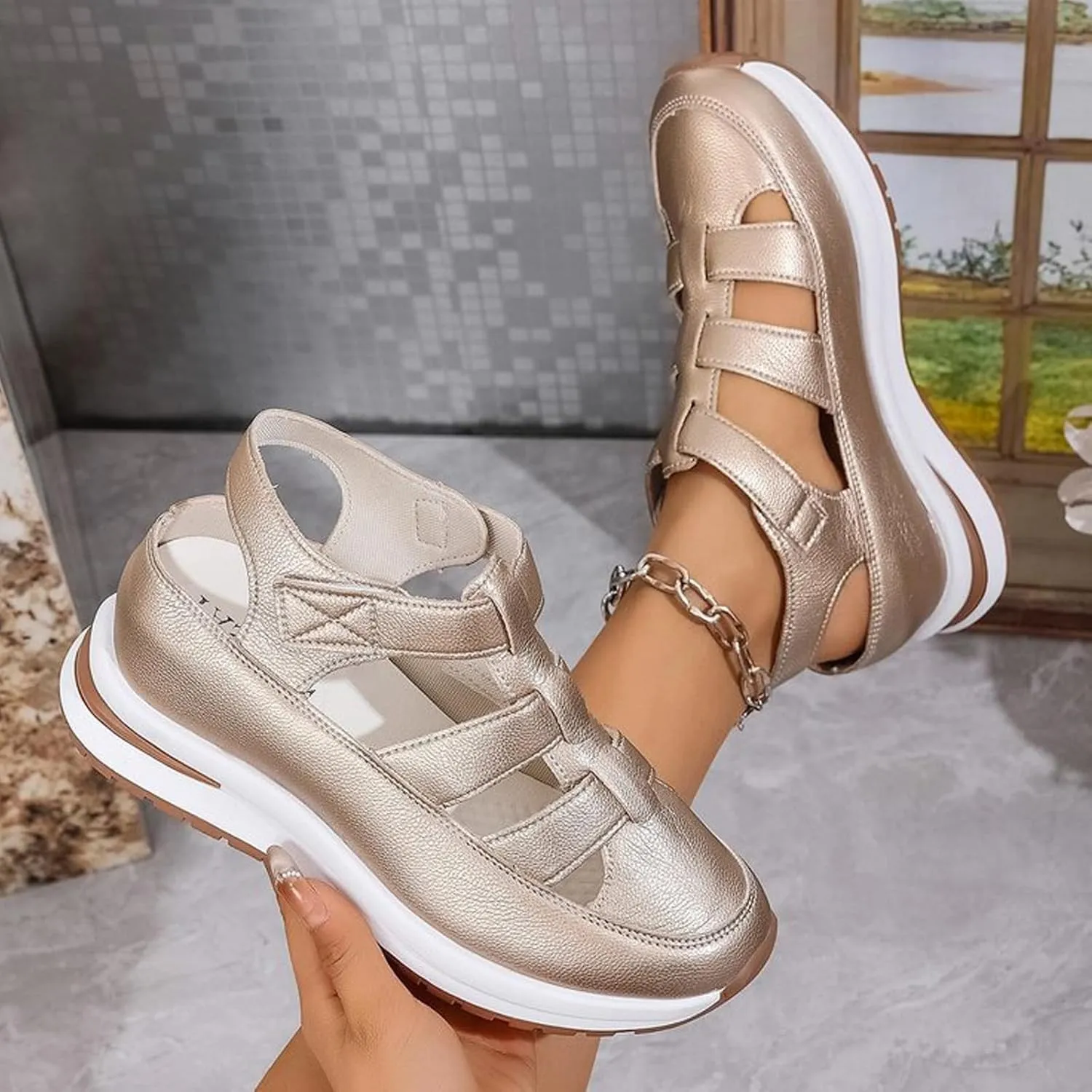 Closed Toe Platform Sandals,Bootara Women's Plus Size Hollow-Out Casual Sandals,Closed Toe Platform Height-Boosting Sandals