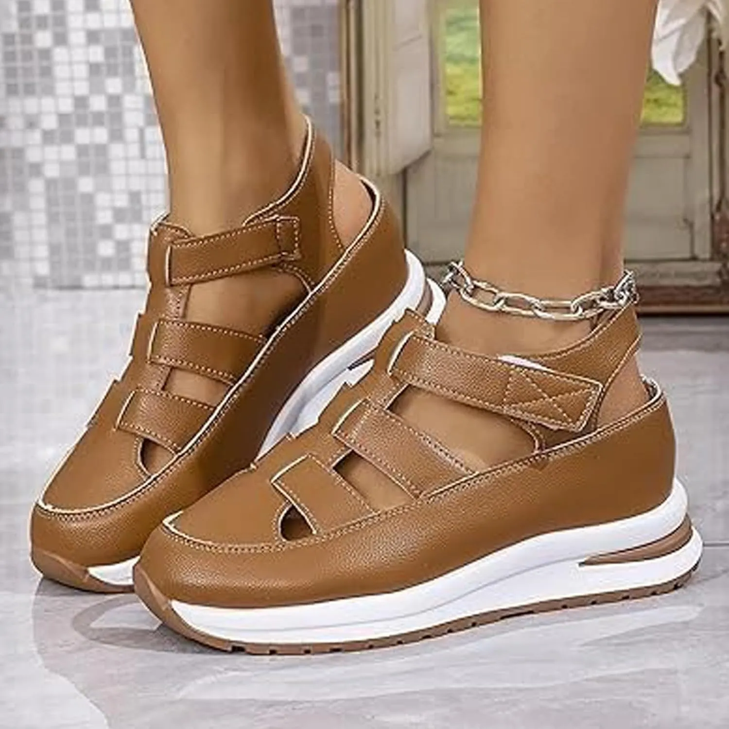 Closed Toe Platform Sandals,Bootara Women's Plus Size Hollow-Out Casual Sandals,Closed Toe Platform Height-Boosting Sandals