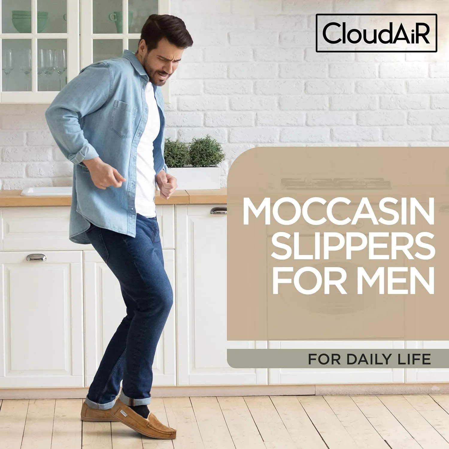 CLOUDAIR Men's Moccasin Slippers - Indoor Winter Slippers, Comfortable Slip On Indoor or Outdoor House Shoes, Faux Fur Lined Men’s Slippers with Memory Foam Padded Insoles