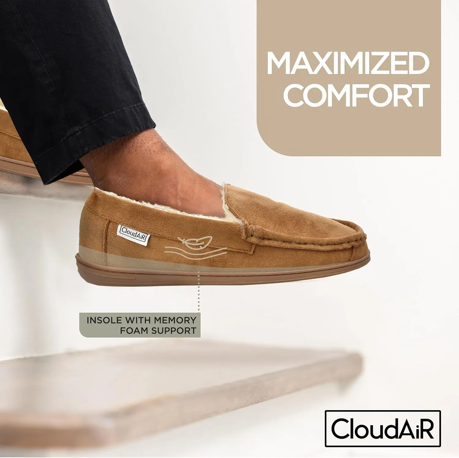 CLOUDAIR Men's Moccasin Slippers - Indoor Winter Slippers, Comfortable Slip On Indoor or Outdoor House Shoes, Faux Fur Lined Men’s Slippers with Memory Foam Padded Insoles