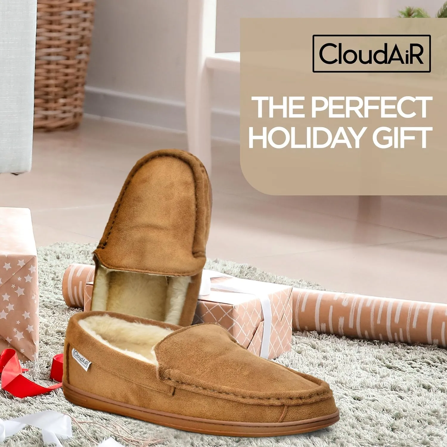 CLOUDAIR Men's Moccasin Slippers - Indoor Winter Slippers, Comfortable Slip On Indoor or Outdoor House Shoes, Faux Fur Lined Men’s Slippers with Memory Foam Padded Insoles