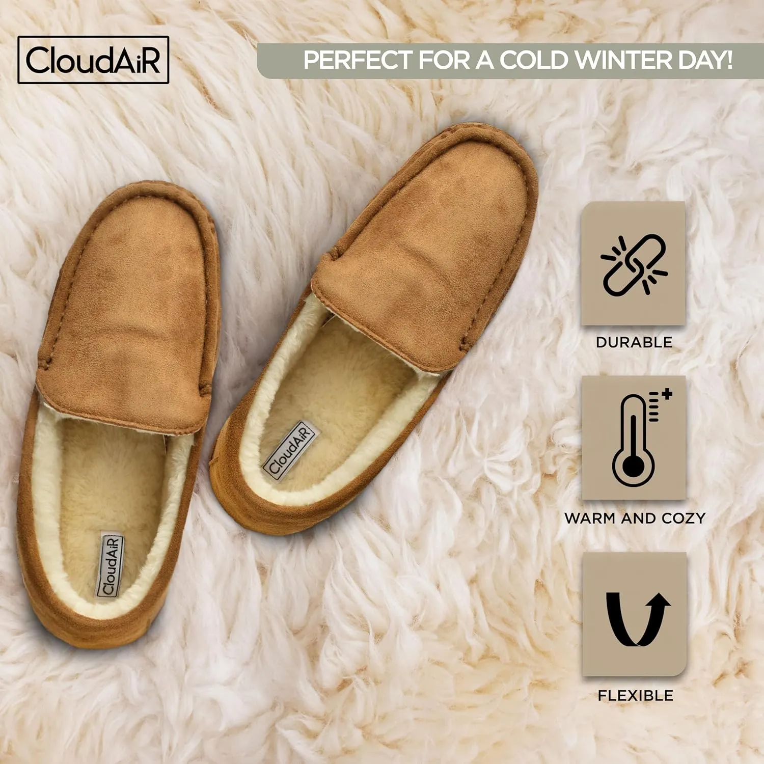 CLOUDAIR Men's Moccasin Slippers - Indoor Winter Slippers, Comfortable Slip On Indoor or Outdoor House Shoes, Faux Fur Lined Men’s Slippers with Memory Foam Padded Insoles