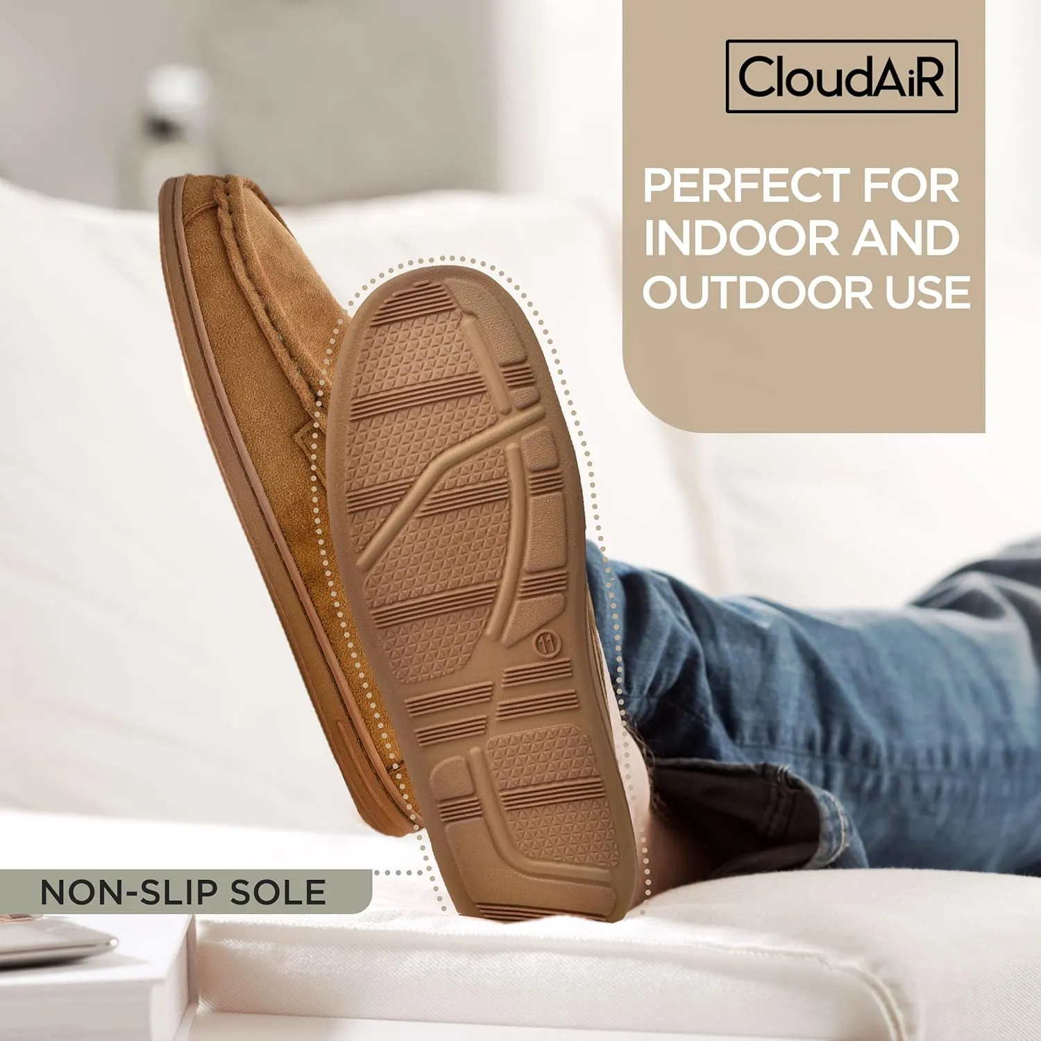 CLOUDAIR Men's Moccasin Slippers - Indoor Winter Slippers, Comfortable Slip On Indoor or Outdoor House Shoes, Faux Fur Lined Men’s Slippers with Memory Foam Padded Insoles