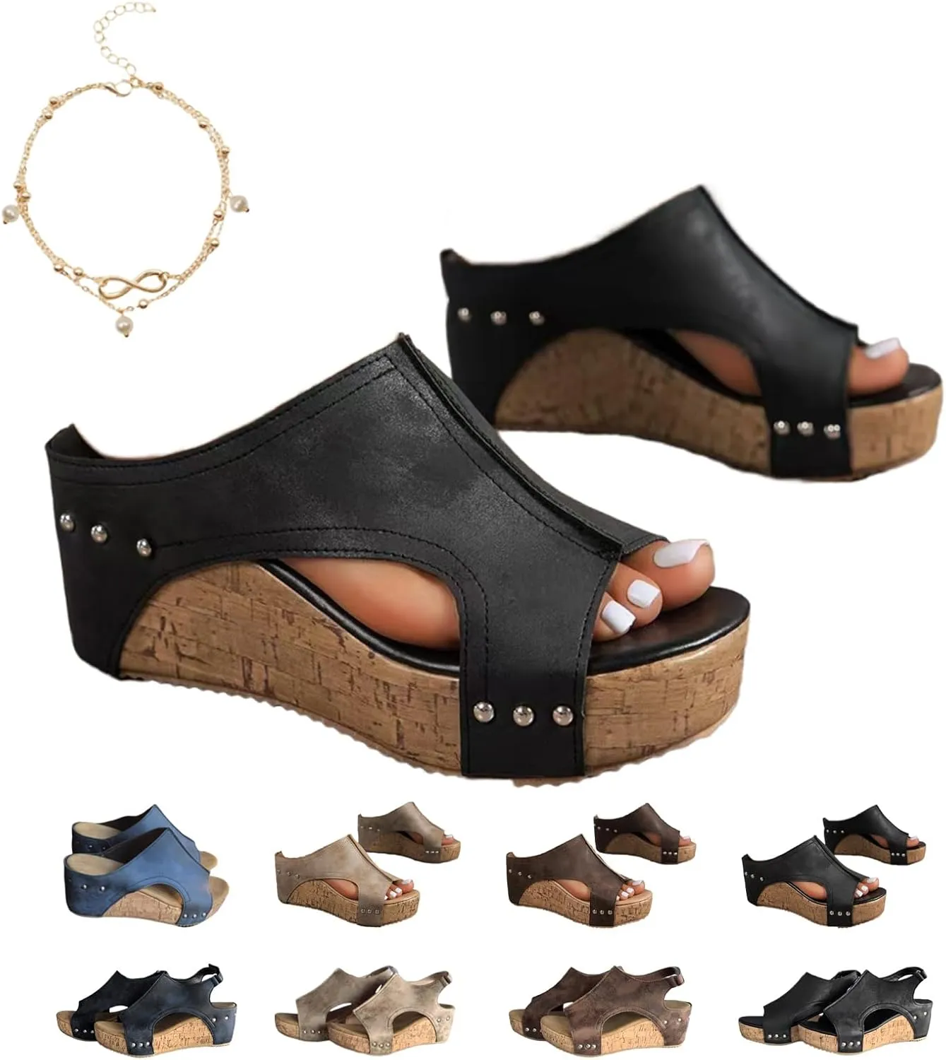 Cork Wedge Sandals for Women, Cork Platform Sandals, Thick Sole Comfy Leather Wedge Non-slip Summer Slippers