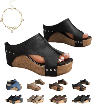 Cork Wedge Sandals for Women, Cork Platform Sandals, Thick Sole Comfy Leather Wedge Non-slip Summer Slippers