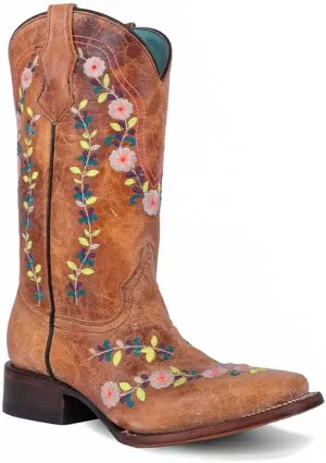CORRAL TEEN'S HONEY FLORAL EMBROIDERY SQ TOE GLOW COLLECTION, CORRAL 43.8 X 34.8 X 11.0 SOLE,COWHIDE LEATHER, WESTERN BOOT, T0161