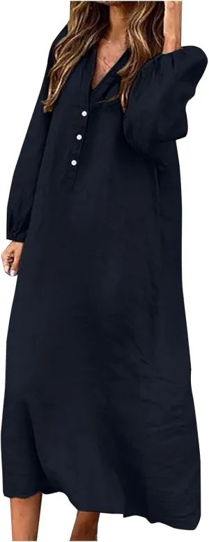 Cotton Linen Dress for Women 2024 Fall Winter Long Sleeve Button Down Dresses Causal Loose Flowy Maxi Dresses Party