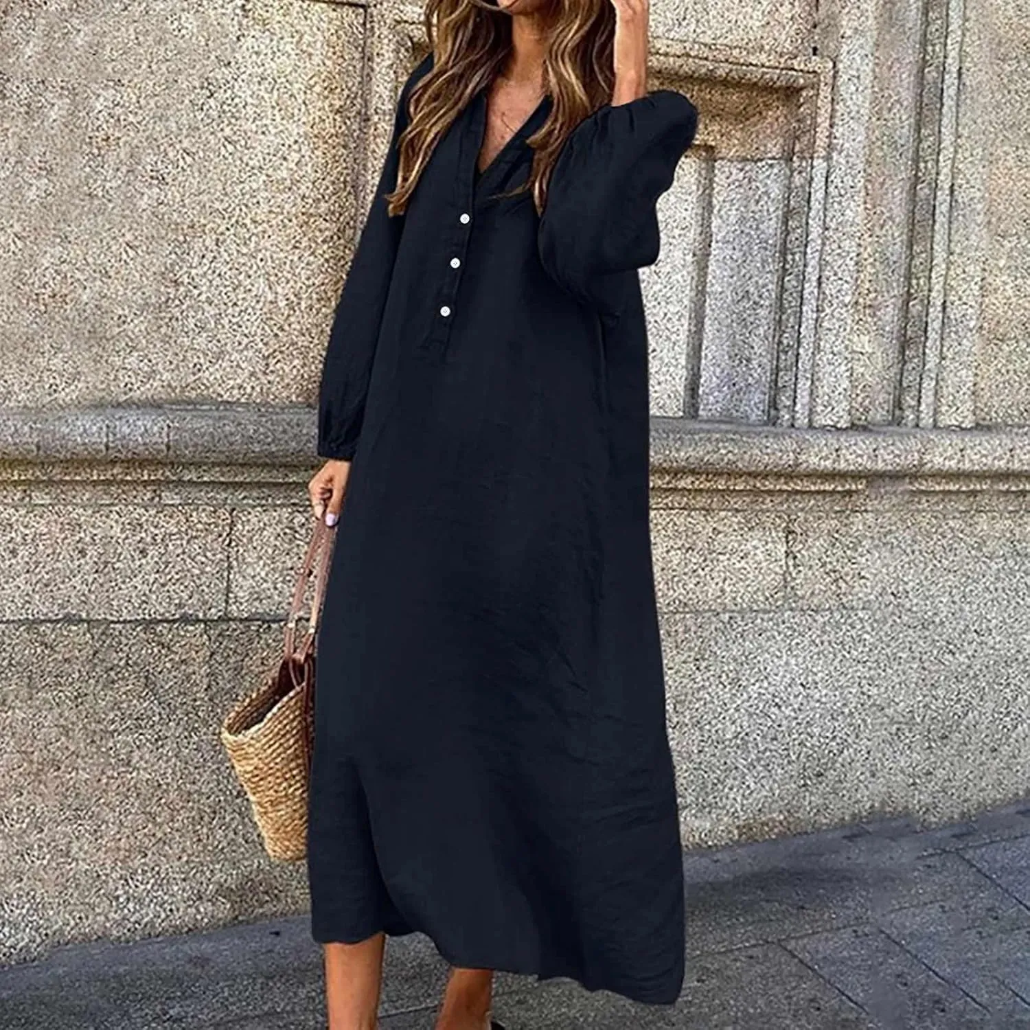 Cotton Linen Dress for Women 2024 Fall Winter Long Sleeve Button Down Dresses Causal Loose Flowy Maxi Dresses Party