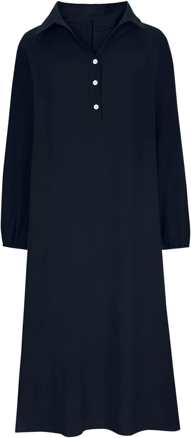 Cotton Linen Dress for Women 2024 Fall Winter Long Sleeve Button Down Dresses Causal Loose Flowy Maxi Dresses Party