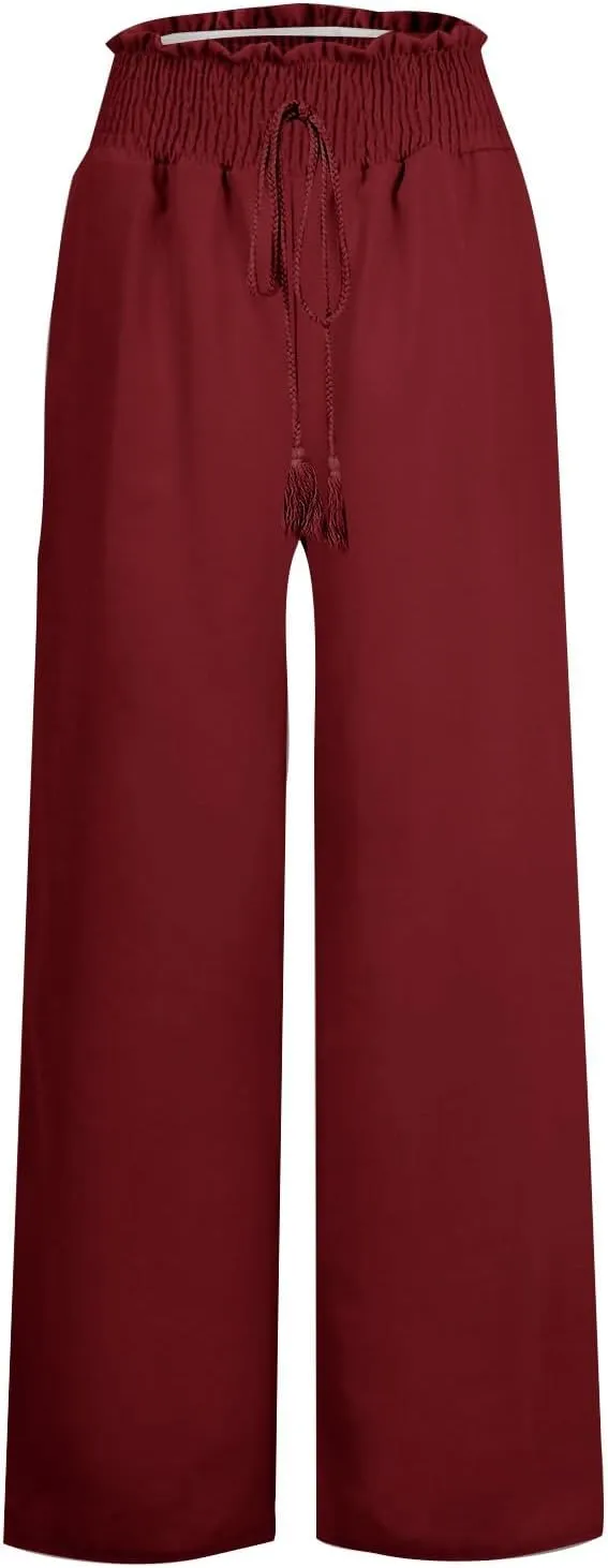 Cotton Linen Wide Leg Pants for Women Casual High Waisted Paperbag Dress Pants Flowy Beach Trousers with Pockets