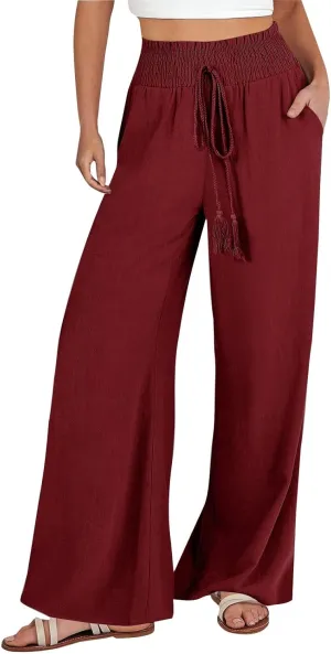 Cotton Linen Wide Leg Pants for Women Casual High Waisted Paperbag Dress Pants Flowy Beach Trousers with Pockets