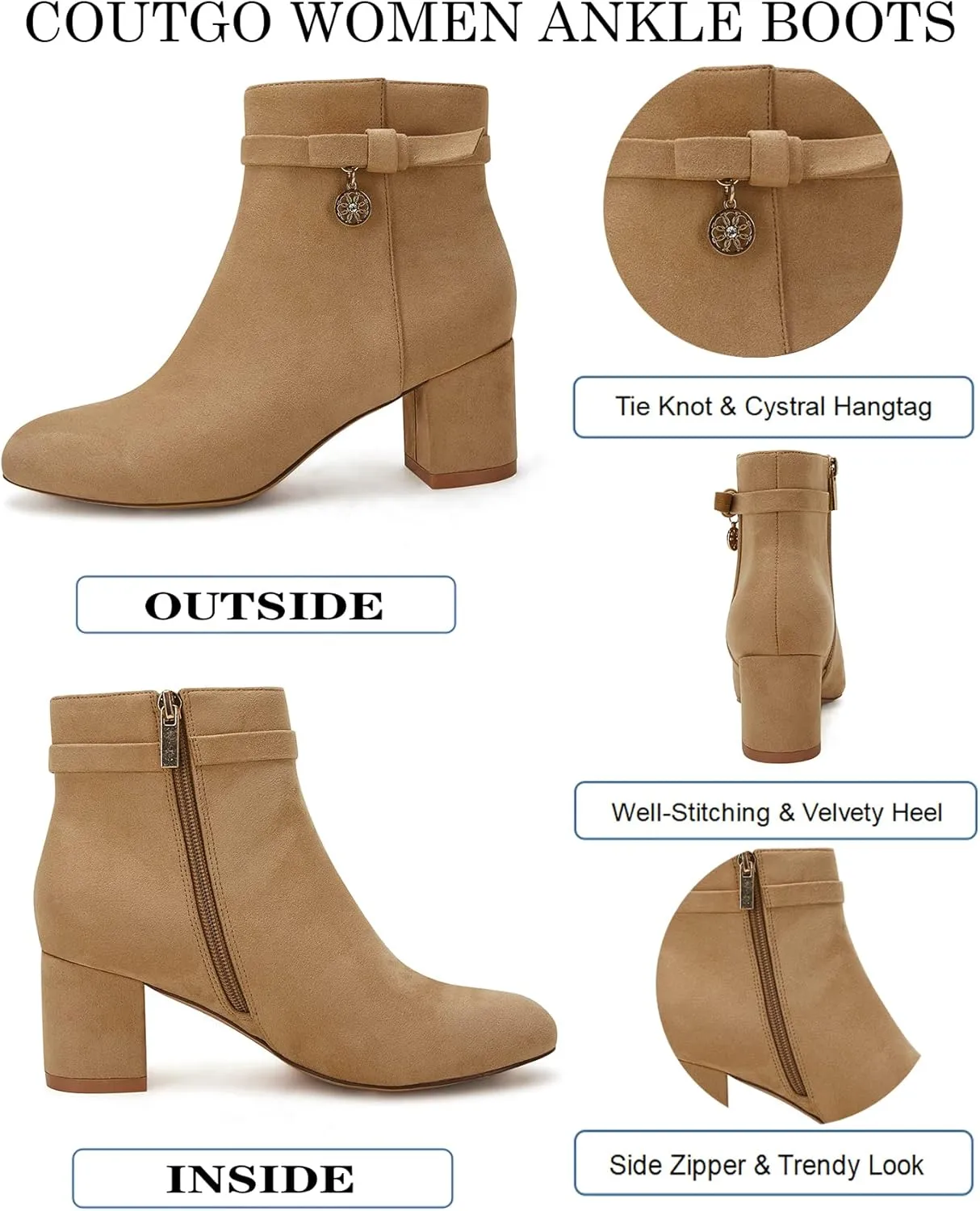 Coutgo Women's Ankle Boots Chunky Block Low Heel Vintage Tie Knot Booties Shoes with Side Zipper