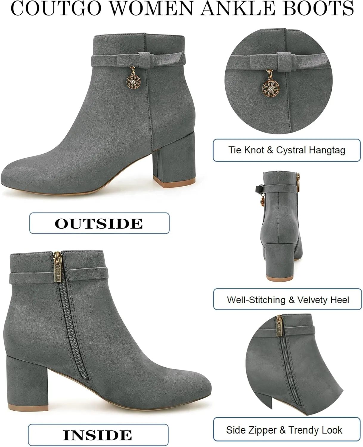Coutgo Women's Ankle Boots Chunky Block Low Heel Vintage Tie Knot Booties Shoes with Side Zipper