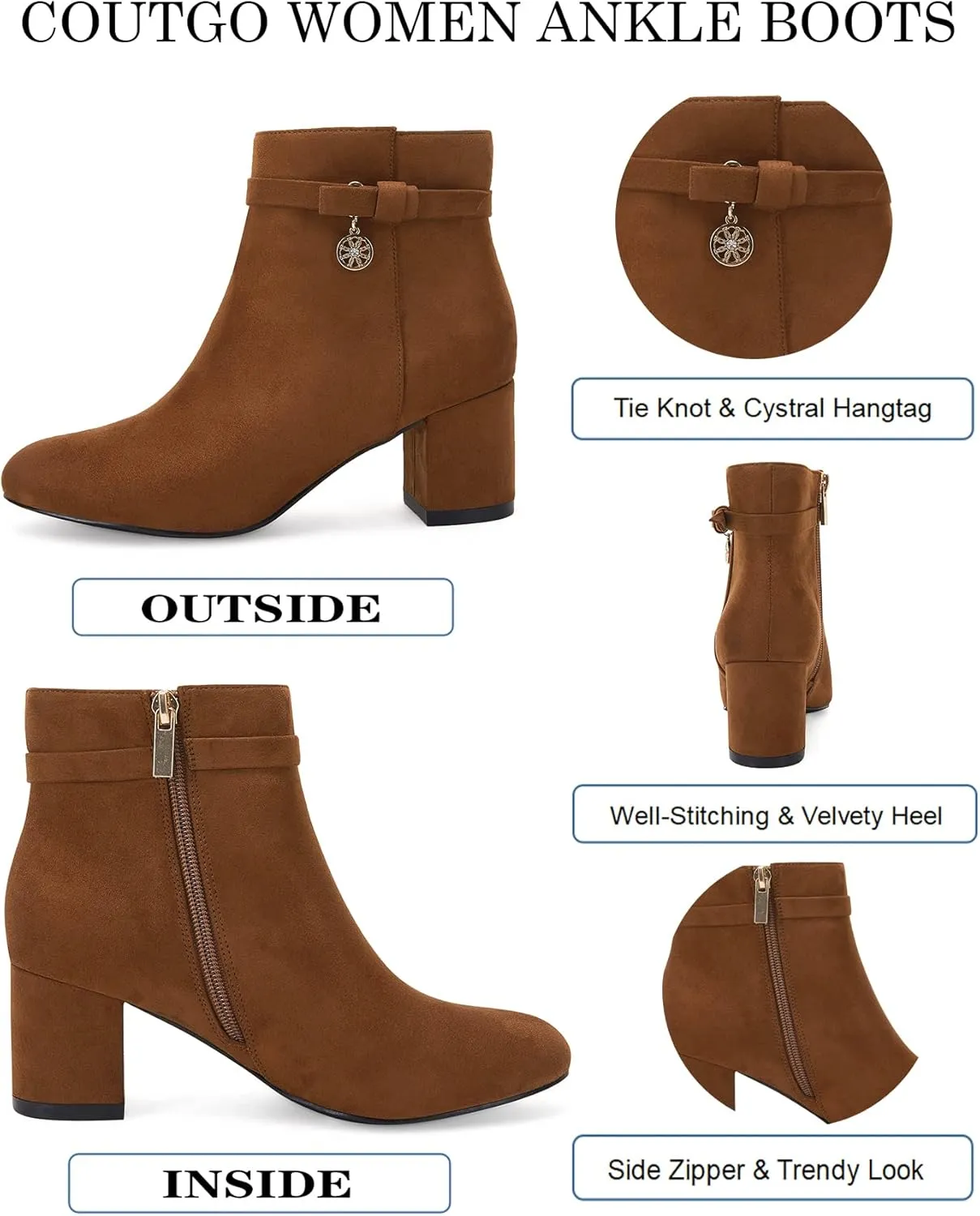 Coutgo Women's Ankle Boots Chunky Block Low Heel Vintage Tie Knot Booties Shoes with Side Zipper