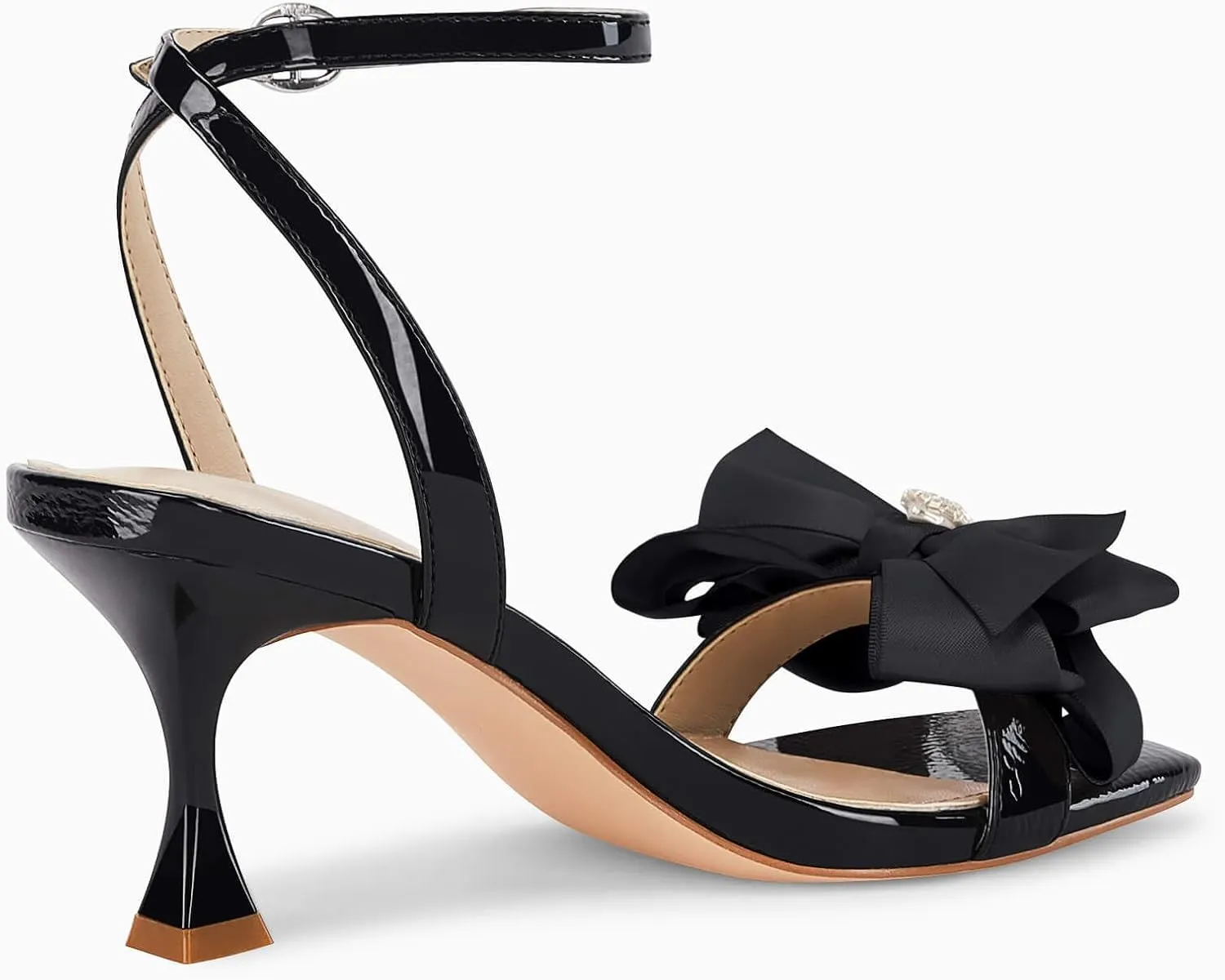 Coutgo Women's Bow Knot Heeled Sandals Rhinestone Kitten Heels Open Toe Ankle Strap Dress Pump Shoes