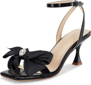 Coutgo Women's Bow Knot Heeled Sandals Rhinestone Kitten Heels Open Toe Ankle Strap Dress Pump Shoes