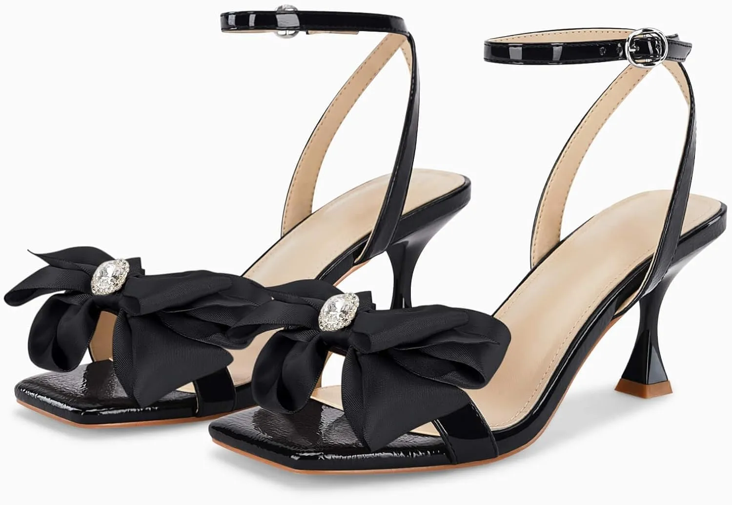 Coutgo Women's Bow Knot Heeled Sandals Rhinestone Kitten Heels Open Toe Ankle Strap Dress Pump Shoes