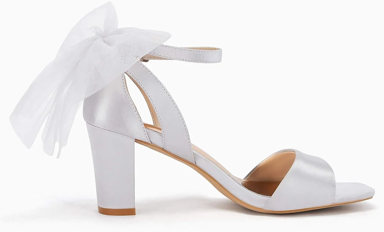Coutgo Women's Bow Tie Heeled Sandals Chunky Heels One Strap Satin Ankle Buckle Dress Wedding Shoes