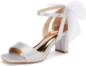 Coutgo Women's Bow Tie Heeled Sandals Chunky Heels One Strap Satin Ankle Buckle Dress Wedding Shoes