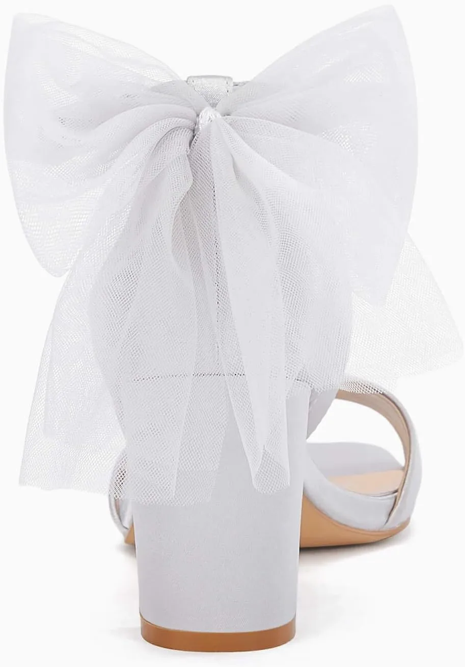 Coutgo Women's Bow Tie Heeled Sandals Chunky Heels One Strap Satin Ankle Buckle Dress Wedding Shoes