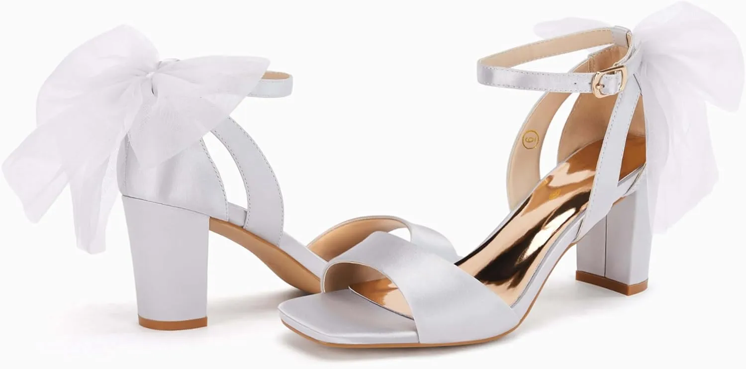 Coutgo Women's Bow Tie Heeled Sandals Chunky Heels One Strap Satin Ankle Buckle Dress Wedding Shoes