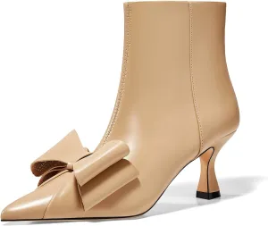 Coutgo Womens Low Kitten Heel Ankle Boots Rhinestone Bow Pointed Toe Side Zipper Dress Fall Booties Shoes