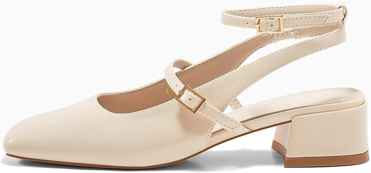 Coutgo Womens Mary Jane Chunky Low Heels Closed Square Toe Ankle Strap Pumps Wedding Party Dress Shoes
