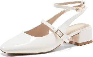 Coutgo Womens Mary Jane Chunky Low Heels Closed Square Toe Ankle Strap Pumps Wedding Party Dress Shoes