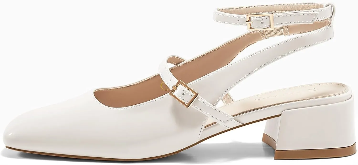 Coutgo Womens Mary Jane Chunky Low Heels Closed Square Toe Ankle Strap Pumps Wedding Party Dress Shoes