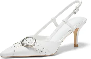 Coutgo Womens Slingback Kitten Heels Studded Closed Pointed Toe Pumps with Buckle Party Dress Shoes