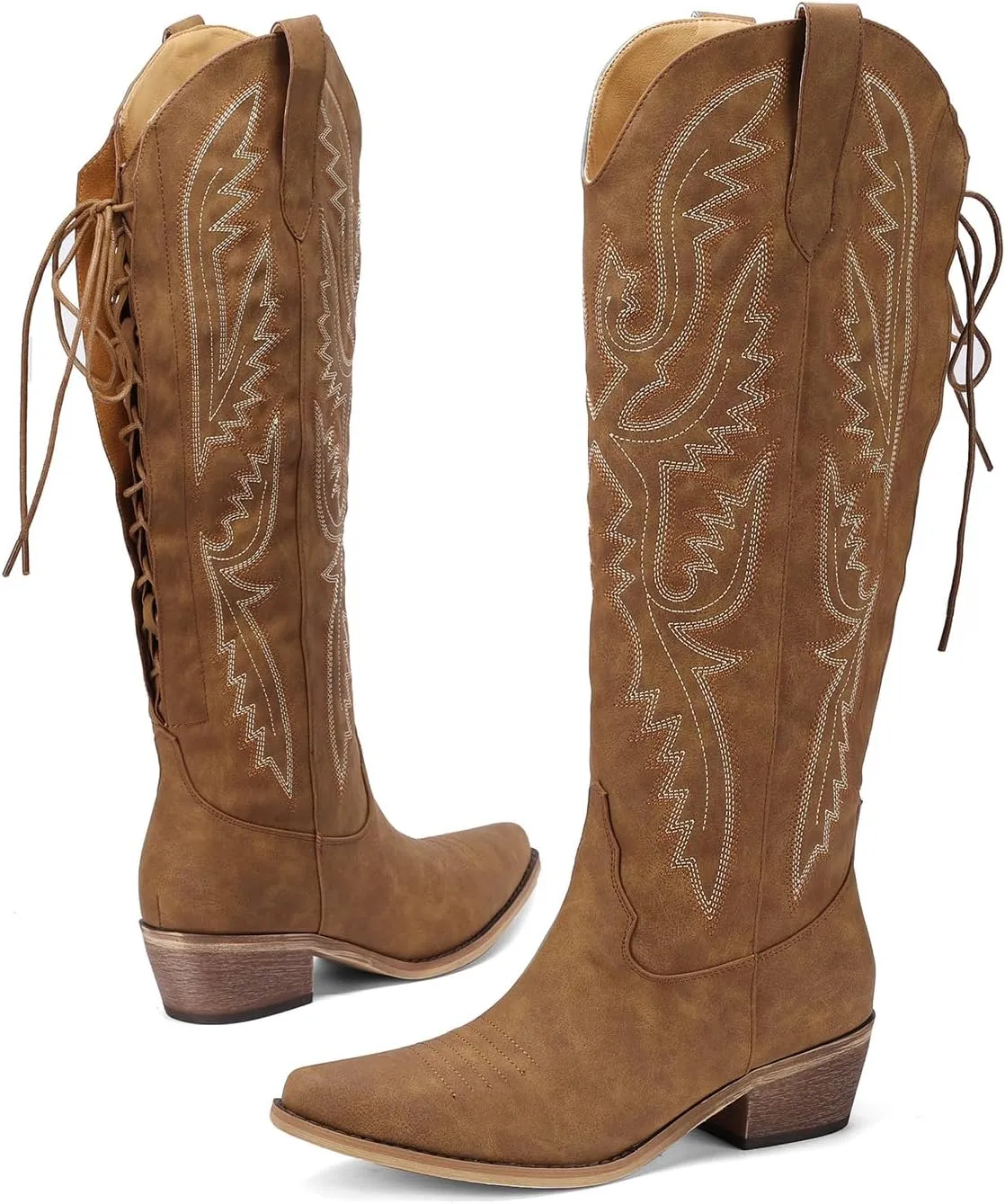 Cowboy Boots For Women Embroidered Wide Calf Boots With Back Lace Up Chunky Block Heels Pointed Toe Western Cowgirl Boot Comfortable Tall Boots for Prom Casual Trendy Shoes