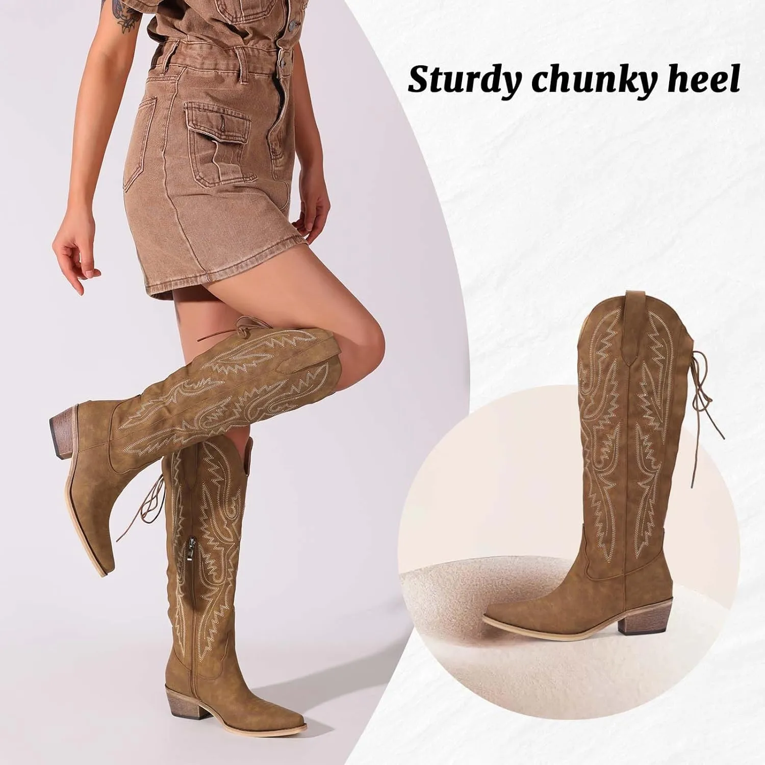 Cowboy Boots For Women Embroidered Wide Calf Boots With Back Lace Up Chunky Block Heels Pointed Toe Western Cowgirl Boot Comfortable Tall Boots for Prom Casual Trendy Shoes