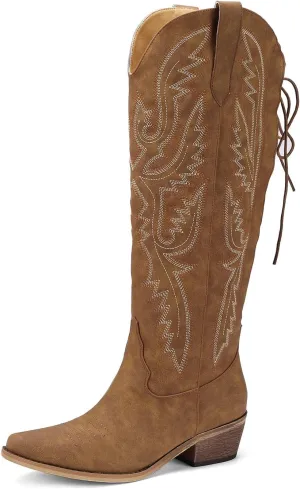 Cowboy Boots For Women Embroidered Wide Calf Boots With Back Lace Up Chunky Block Heels Pointed Toe Western Cowgirl Boot Comfortable Tall Boots for Prom Casual Trendy Shoes