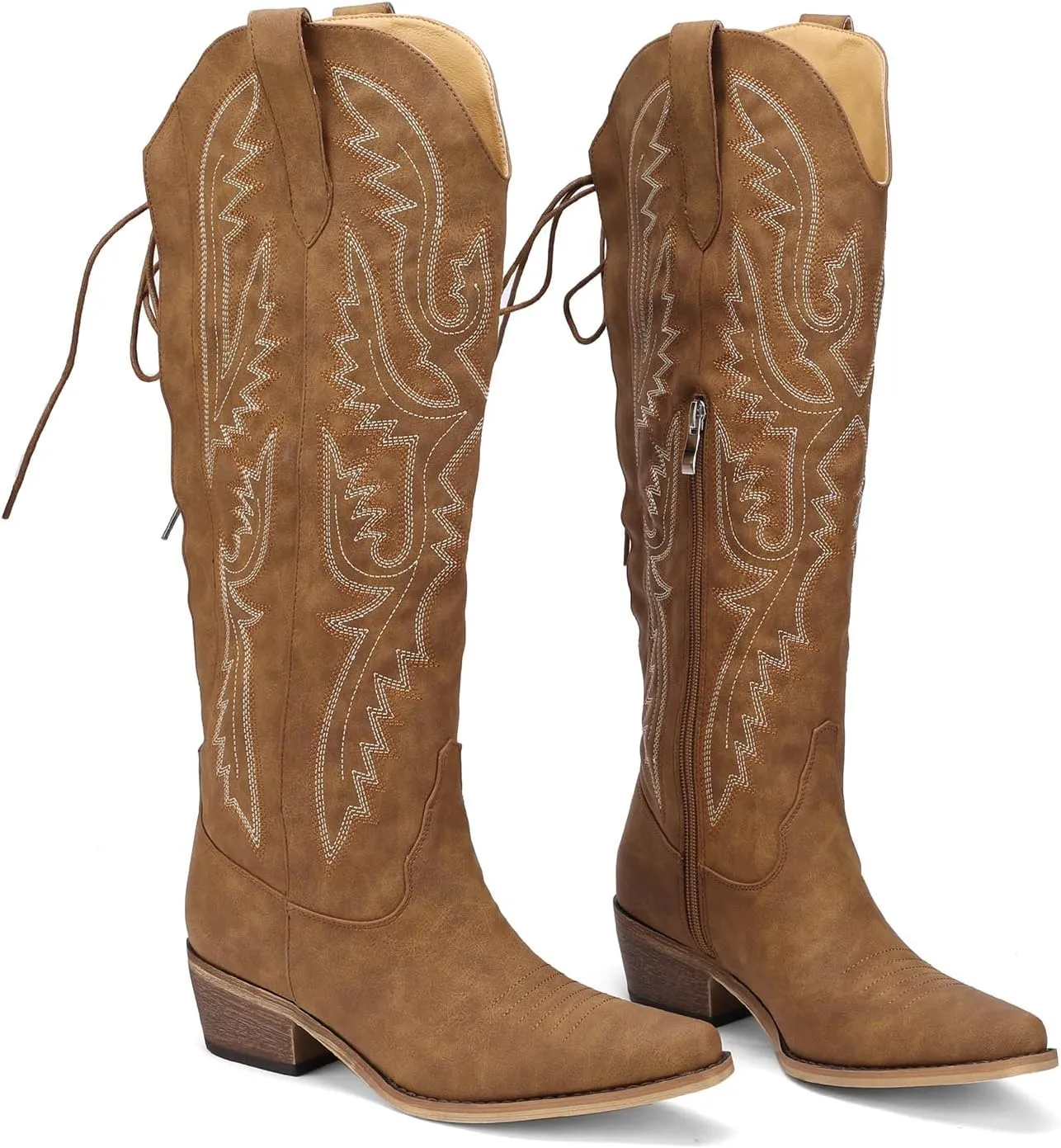 Cowboy Boots For Women Embroidered Wide Calf Boots With Back Lace Up Chunky Block Heels Pointed Toe Western Cowgirl Boot Comfortable Tall Boots for Prom Casual Trendy Shoes