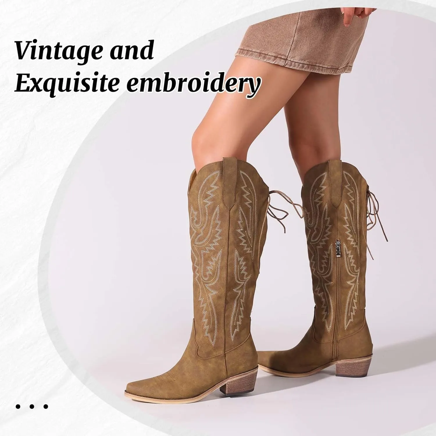 Cowboy Boots For Women Embroidered Wide Calf Boots With Back Lace Up Chunky Block Heels Pointed Toe Western Cowgirl Boot Comfortable Tall Boots for Prom Casual Trendy Shoes