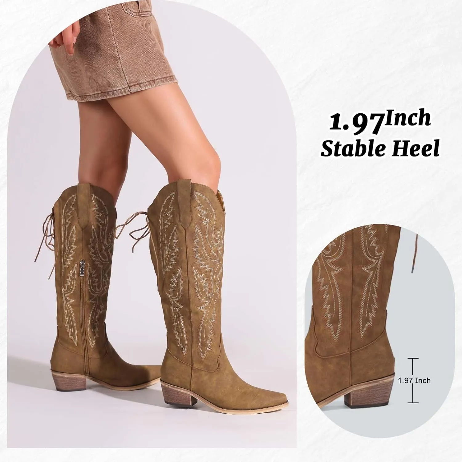Cowboy Boots For Women Embroidered Wide Calf Boots With Back Lace Up Chunky Block Heels Pointed Toe Western Cowgirl Boot Comfortable Tall Boots for Prom Casual Trendy Shoes