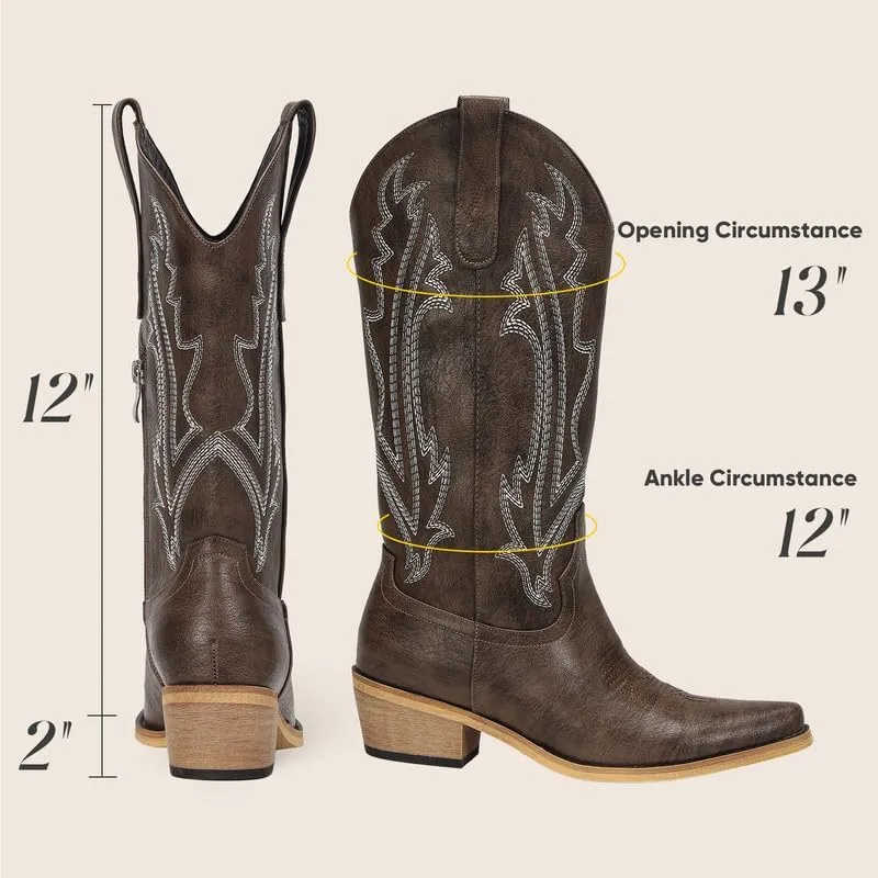 Cowboy Boots for Women Mid Calf Black Cowgirl Boots Square Toe Western Boots Womens Cowboy Boots Chunky Heel botas vaqueras para mujer